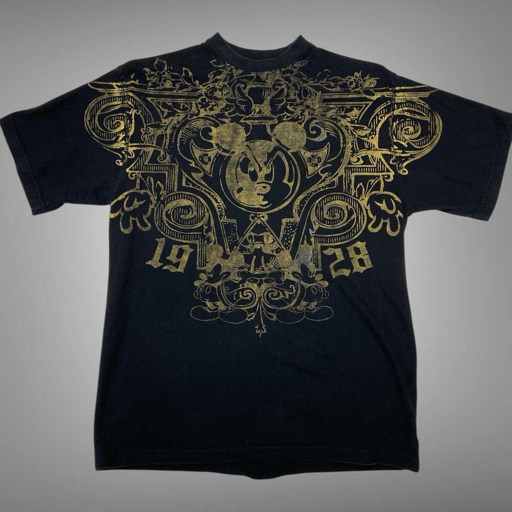 Vintage 19 Twenty Eight Disney Mickey Gold Black Mens Tshirt Large Y2K